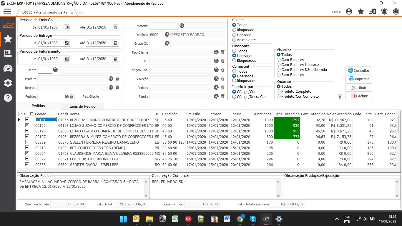 Tela de atendimento de pedidos do Excia ERP com filtros e lista de pedidos