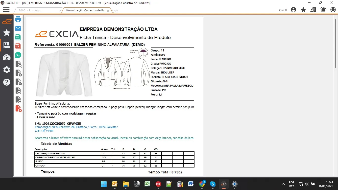 Ficha técnica de desenvolvimento de produto no Excia ERP com imagem da peça e tabela de medidas