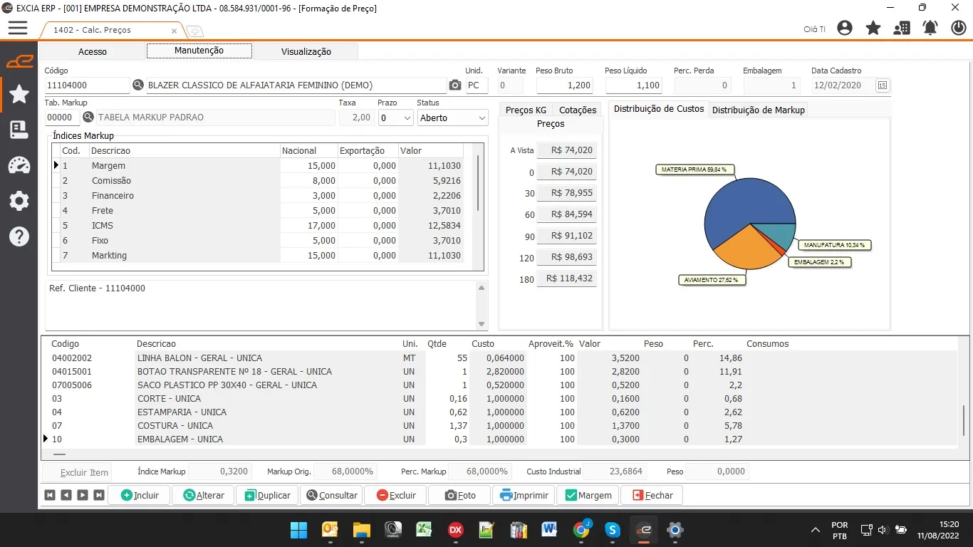 Tela de formação de preço do Excia ERP com composição de custos e gráfico