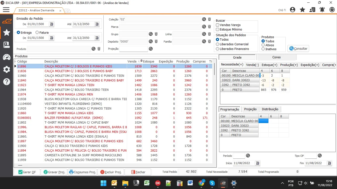 Tela de gestão de demanda do Excia ERP com vendas, estoque e produção por produto
